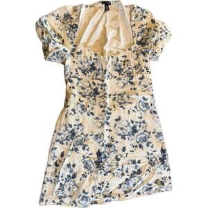 AQUA Mini Dress Womens XL White Blue Floral Puff Sleeve Square Neck Lined